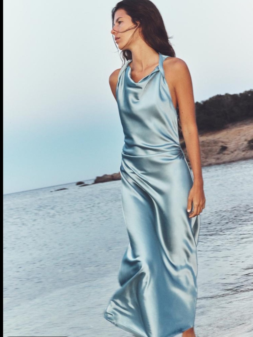 Zara Satin Cowl Neck Midi Dress in Light Blue